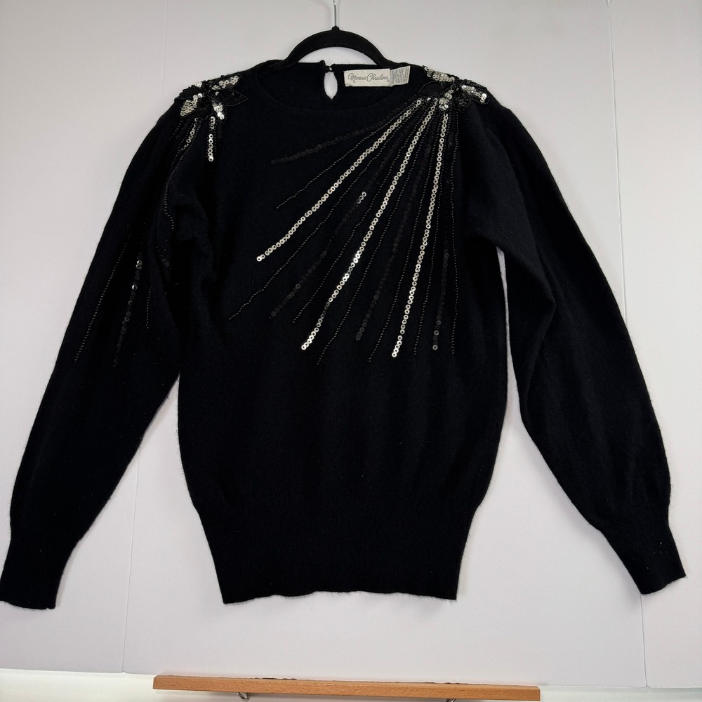 Marisa Christina Vintage Lambswool Angora Sequin Bead Sweater Black Medium